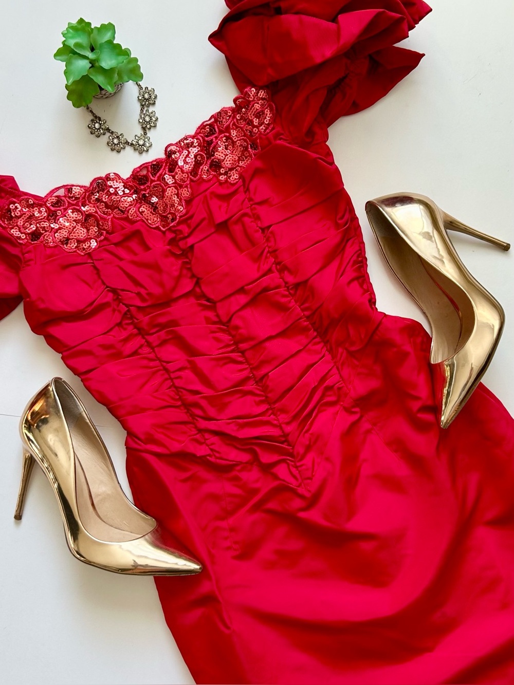 Vintage Jessica McClintock Gunne Sax Red Satin Sequin Cocktail Dress M